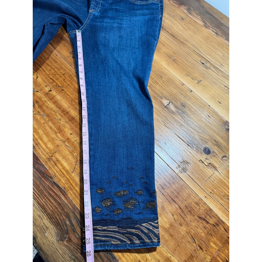 CHICO'S JACKSON INDIGO ANIMAL PRINT BEADED HEM PULL ON ANKLE JEGGINGS SIZE 12R - Picture 8 of 9